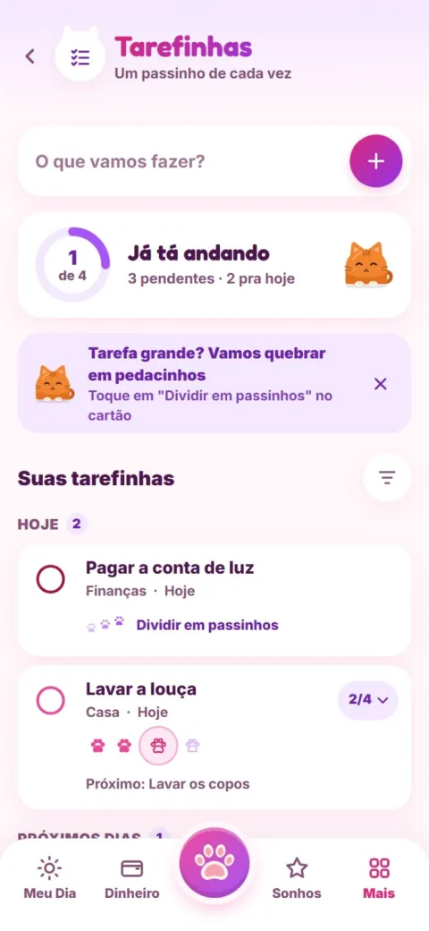 Tela de tarefinhas do Miauzi